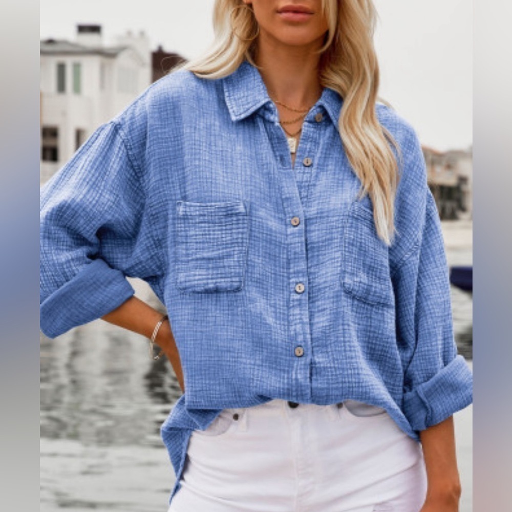 NEW Sky Blue Cotton Mineral Washed Textured Button Front Top
